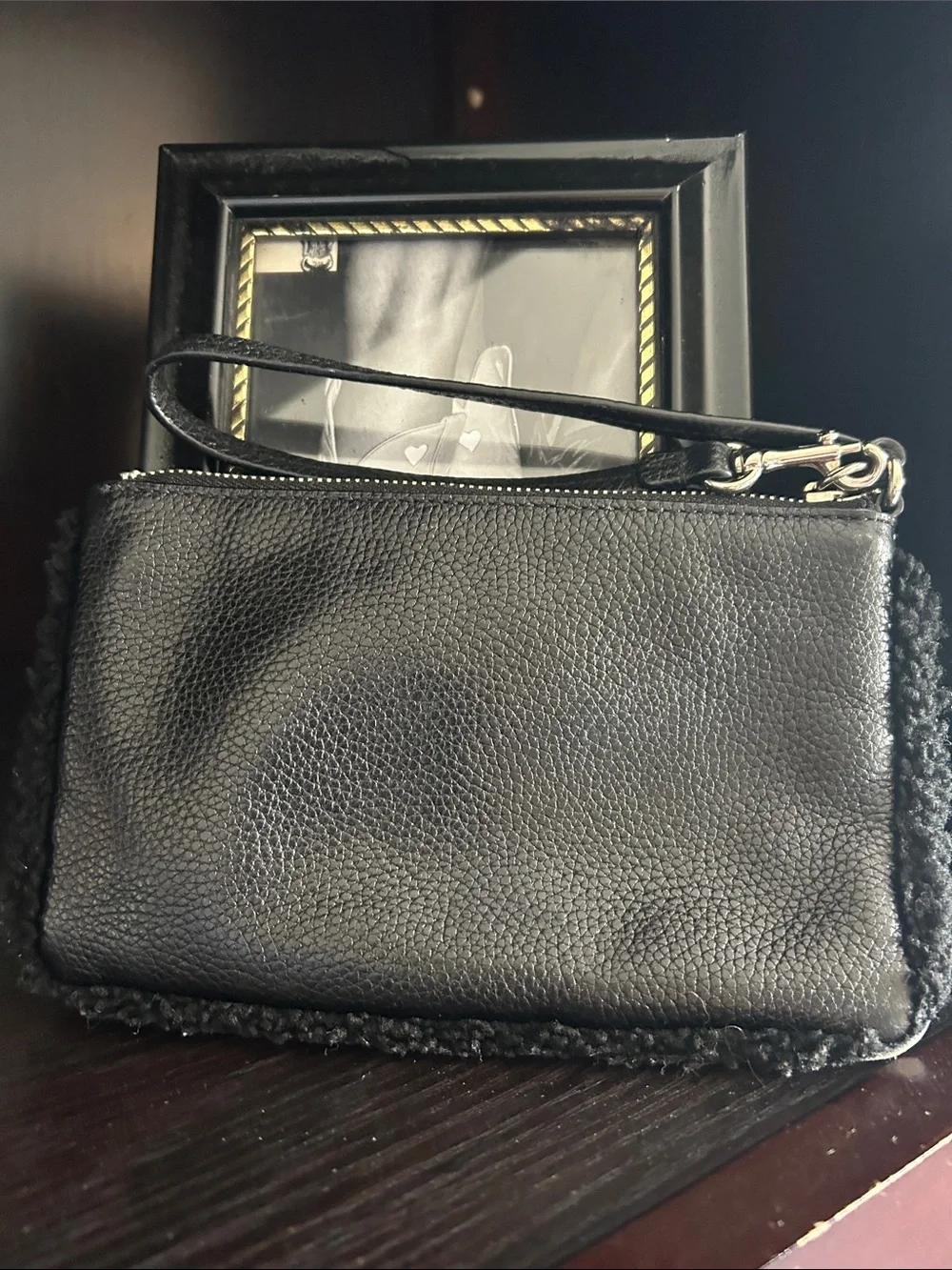 Coach Black Pebbled Leather Wristlet with Shearling Edge